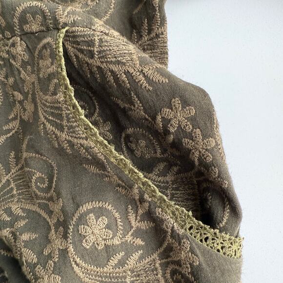 Uncle Frank Anthropologie Linen Blend Embroidered Brocade Olive Tunic Dress M - Picture 3 of 8